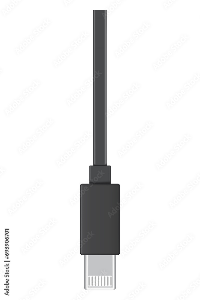 Usb cable connector, lightning. Realistic of phone jack for cabling in black color. Cable for charging or transmitting information for modern electronic devices Usb cable connector, lightning. Realistic of phone jack for cabling in black color. Cable for charging or transmitting information for modern electronic devices