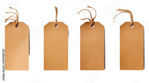 Set or collection brown natural craft kraft paper hang tags, price tags or gift tags with striped bakers twine, isolated design elements, different positions, PNG File