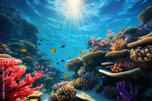 A vibrant coral reef teeming with diverse marine life  underscoring the fragile beauty of underwater ecosystems. Concept of coral reef conservation and marine biodiversity. Generative Ai.