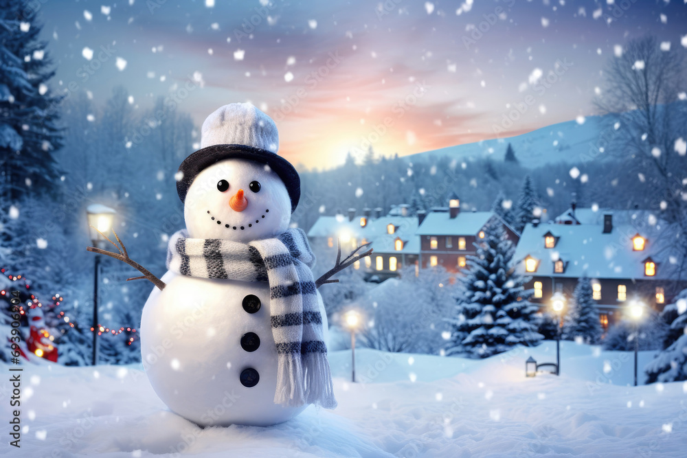 Snowman with the hat and scarf standing on the snow in winter, christmas trees on the side and behind it