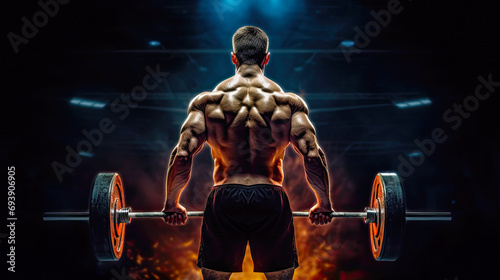 Strong bodybuilder holds barbell during his exercise. Postproducted generative AI illustration.