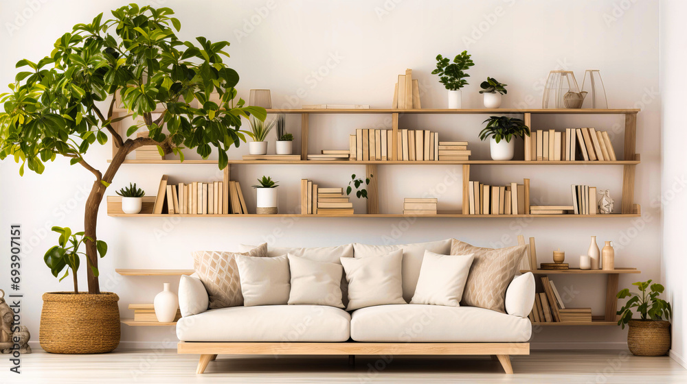 Fototapeta premium Spacious Modern Living Room with Lush Indoor Plants and Wooden Bookshelves Full of Books
