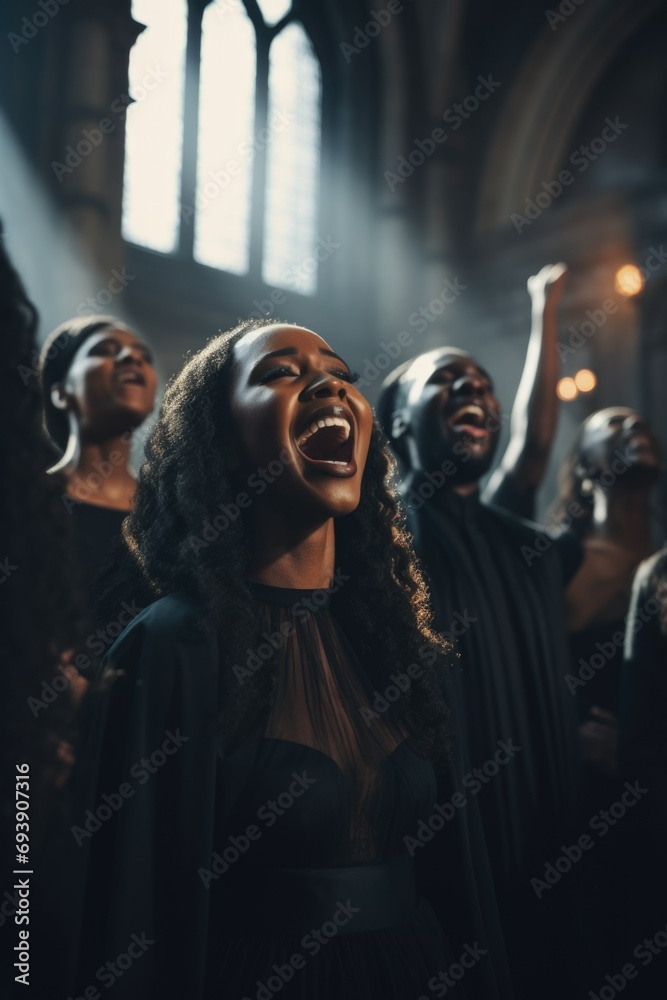 A gospel choir singing dressed in dark clothing