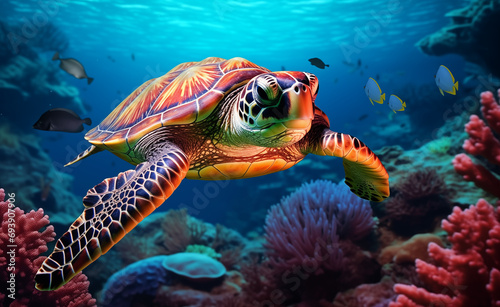 turtle swims over colorful corals in the ocean, in the style of photo-realistic landscapes