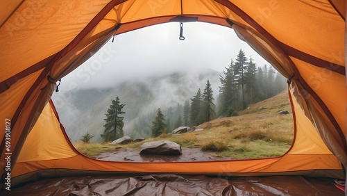 Morning Vista from Inside Camping Tent, Immersed in the Tranquil Beauty of Hiking Adventure