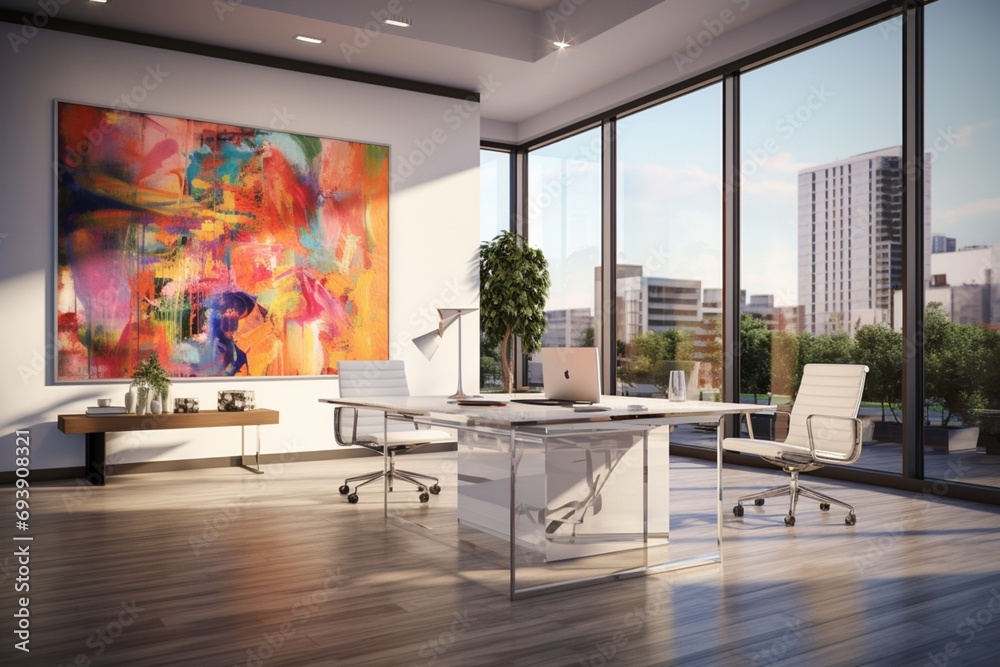 A contemporary office space adorned with abstract art, sleek furniture, and ample natural light for an inspiring work environment. - obrazy, fototapety, plakaty 