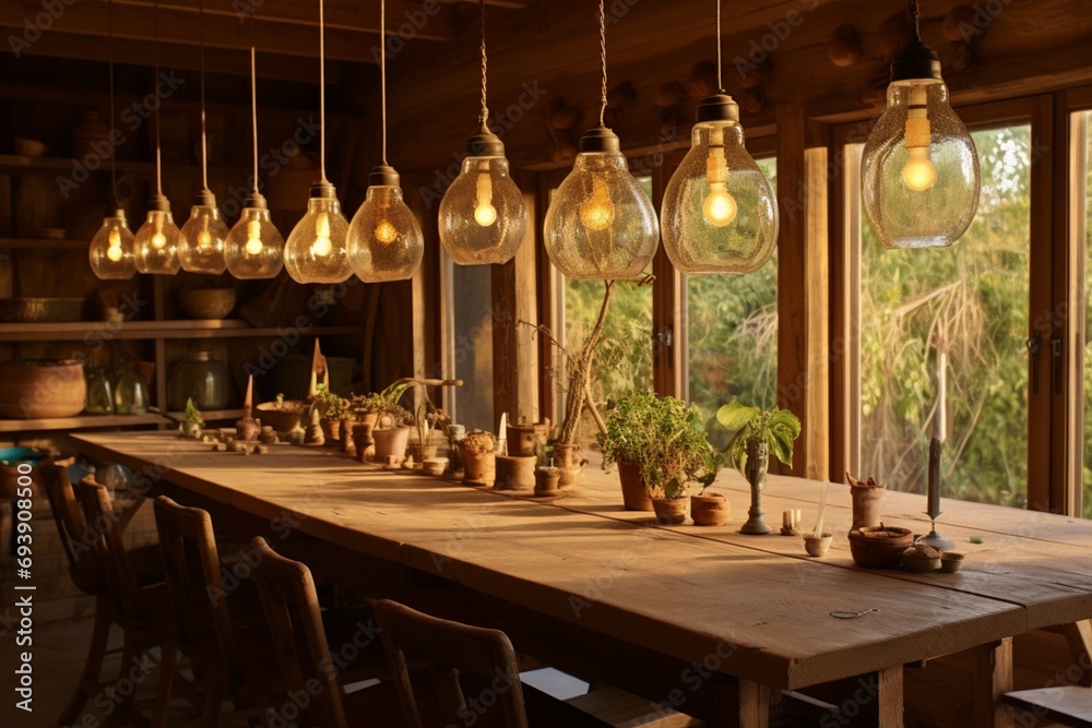 Evening glow in a rustic dining room with a long wooden table, set with handmade ceramics and lit by a cluster of vintage pendant lights - obrazy, fototapety, plakaty 