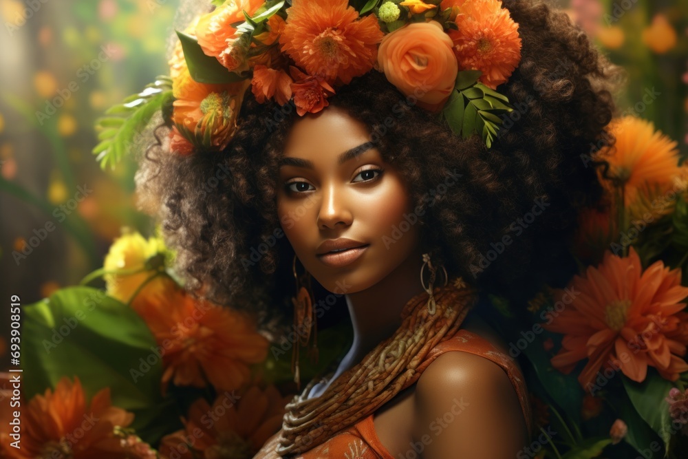 Elegant African woman in traditional dress with a flower wreath, embodying Africa Day celebrations Elegant African woman in traditional dress with a flower wreath, embodying Africa Day celebrations