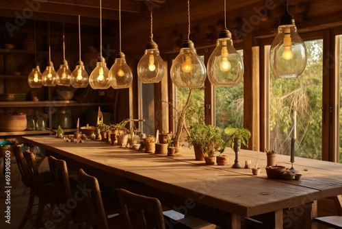 Evening glow in a rustic dining room with a long wooden table, set with handmade ceramics and lit by a cluster of vintage pendant lights
