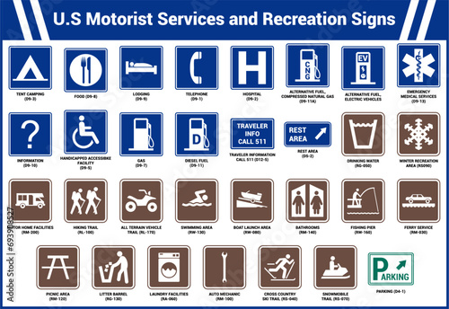set of us motorist services and recreation sign vector collection