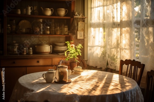 Evening light streaming through vintage lace curtains  illuminating a rustic kitchen with a farmhouse table set for a family dinner