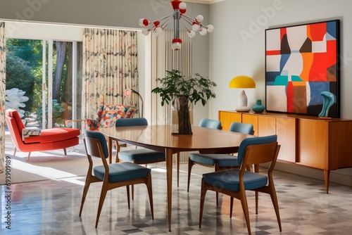 Mid-century modern dining room with iconic furniture pieces  bold patterns  and a touch of retro charm