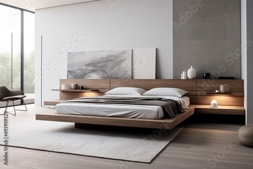Minimalist bedroom with a platform bed, clean lines, and a neutral color scheme for a serene sleep environment