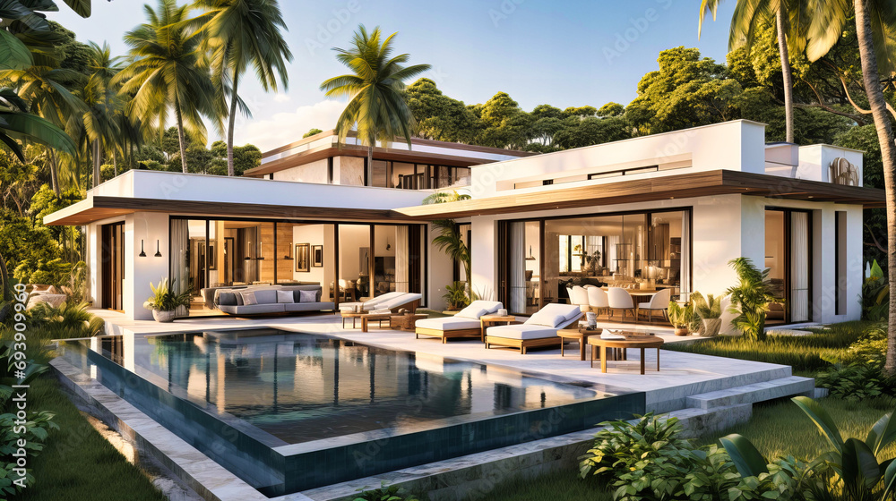 Modern Tropical Villa with Infinity Pool, Lush Landscaping, and Open Plan Living Space