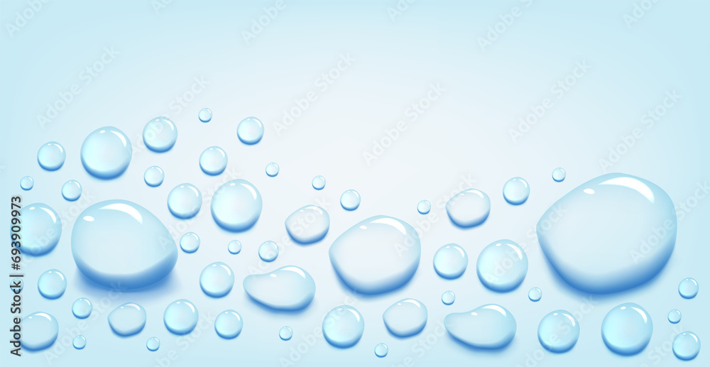 Water puddle drops set. Top view liquid splashes set, wet environment. Water spill or aqua scattered drops isolated on blue background