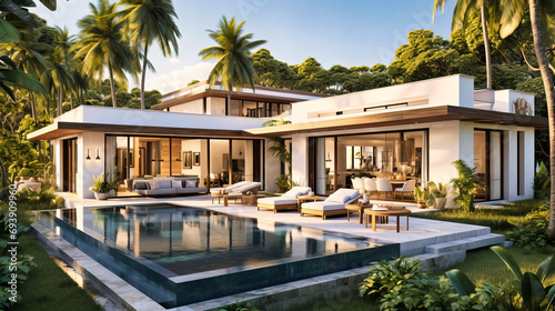 Modern Tropical Villa with Infinity Pool, Lush Landscaping, and Open Plan Living Space © SK