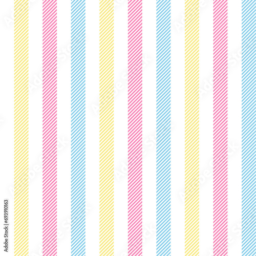 Pastel yellow, pink, blue vertical striped lines on white background seamless pattern for textile design, napkin, blanket, wrapping paper, cover, tablecloth, scarf. Vector illustration.