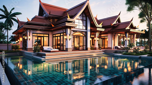 Traditional Thai Architecture Meets Modern Luxury in a Serene Poolside Villa Setting © SK