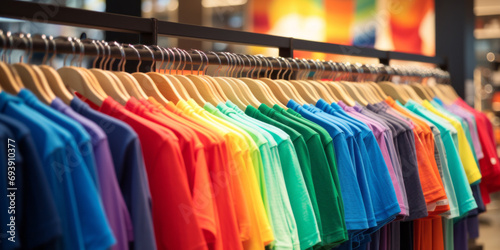 Colorful rainbow shirts in shop at shopping mall. Commerce, clothing sale © hdesert