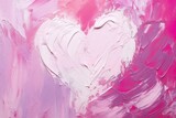 A white heart on a pink wall, painted in oil paint with the texture of brush strokes.