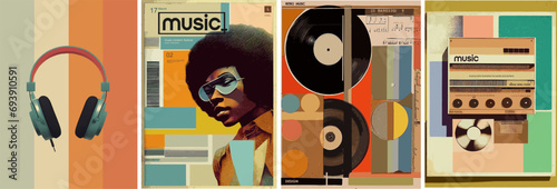 Music poster. Jazz, blues and pop. Vector illustration of collage of vinyl record, headphones, old paper and turntable for poster, background or flyer