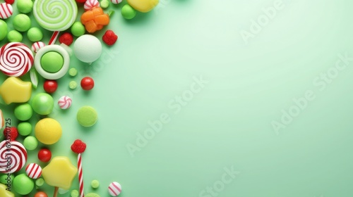 frame from candy on a bright green background. lollipop, caramel and sweets. party invitation card. Place for text.