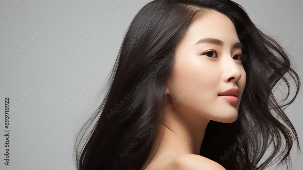 Fototapeta premium Closeup side profile portrait of beautiful Asian woman with gorgeous hair. Commercial beauty fashion jewellery template