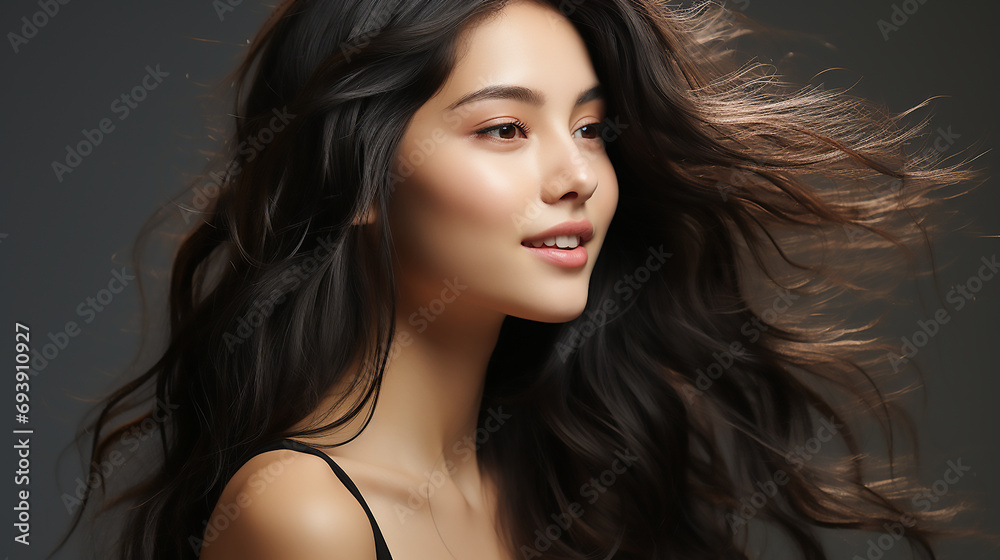 Closeup side profile portrait of beautiful Asian woman with gorgeous hair. Commercial beauty fashion jewellery template Closeup side profile portrait of beautiful Asian woman with gorgeous hair. Commercial beauty fashion jewellery template