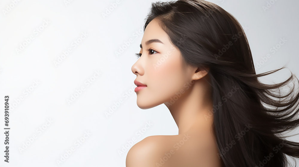 Closeup side profile portrait of beautiful Asian woman with gorgeous hair. Commercial beauty fashion jewellery template Closeup side profile portrait of beautiful Asian woman with gorgeous hair. Commercial beauty fashion jewellery template