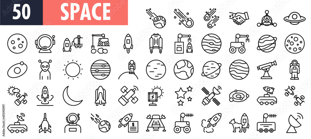 Space line icons set. simple outline icons collection. spacecraft, satellite, celestial bodies, solar system, galaxy, constellation, UFO or flying saucer, alien, observatory, telescope.