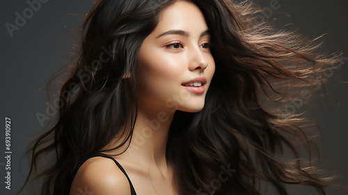 Closeup side profile portrait of beautiful Asian woman with gorgeous hair. Commercial beauty fashion jewellery template