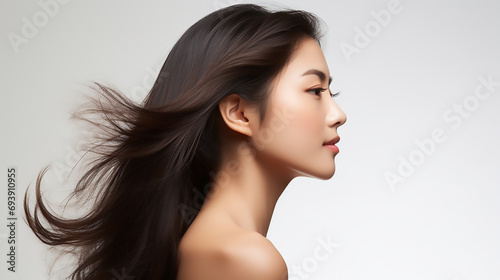 Closeup side profile portrait of beautiful Asian woman with gorgeous hair. Commercial beauty fashion jewellery template