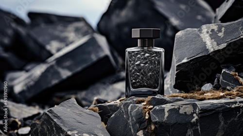 Mockup of a bottle of men's perfume standing on a stone photo