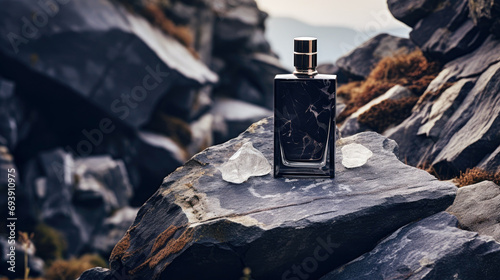 Mockup of a bottle of men's perfume standing on a stone