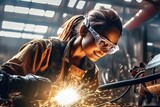 The girl works in her workshop. The concept of cyber technology