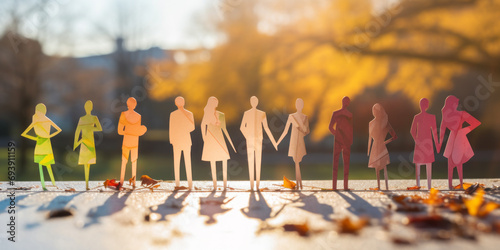 Multicolored paper people figures in sunlight. Diversity, equality concept photo