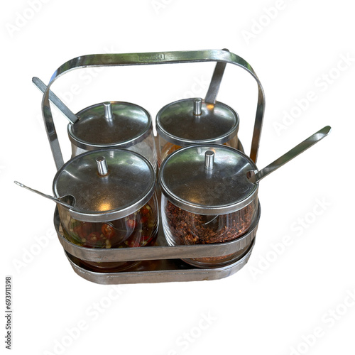 Condiments, chili, sugar, Thai food isolated background