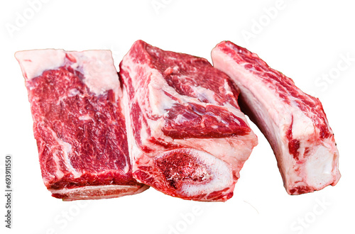 Fresh Beef short ribs on butcher wooden table. Transparent background. Isolated.