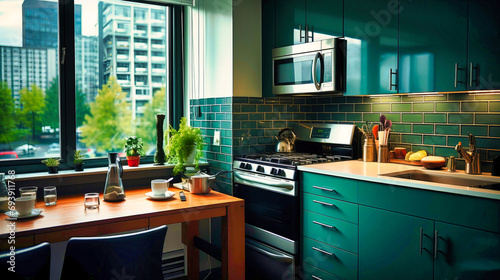 Vibrant Kitchen with Emerald Green Backsplash, Stainless Steel Appliances, and Copper Accents, Industrial Charm