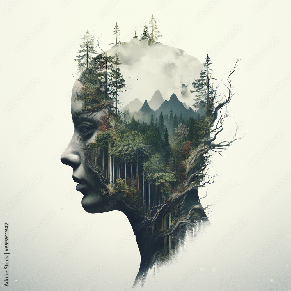 Duality Unveiled: Double Exposure AI Illustration of a Captivating Dual Portrait, Merging Human Complexity with Artistic Expression