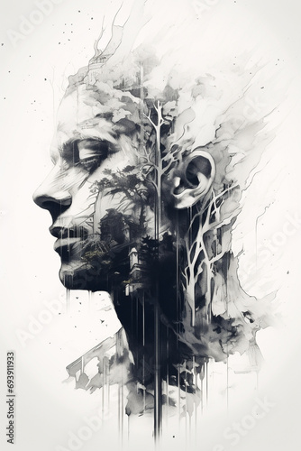 Duality Unveiled: Double Exposure AI Illustration of a Captivating Dual Portrait, Merging Human Complexity with Artistic Expression