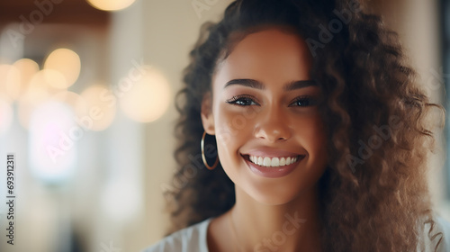 Close up of a young woman with perfect healthy pearly white teeth smile, dental commercial template 