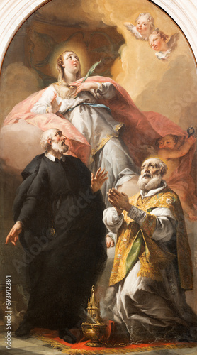TREVISO, ITALY - NOVEMBER 4, 2023: The baroque painting of saints (Susana, Gaetan...) in the church Chiesa di San Gaetano by unknown artist.