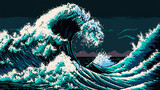 Generative ai tsunami wave sea landscape. 8Bit pixel art background. Nostalgic captivating game scene bring to life the power and beauty of splashing waves formed by powerful oceanic disturbances