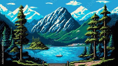 Mountain lake landscape in Alps, AI generated 8bit pixel game scene, vector background. Mountain lake and forest nature scenery with boat on summer river and trees in 8 bit pixel for game level