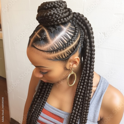 A black girl with a braided hairstyle and hoop earrings.