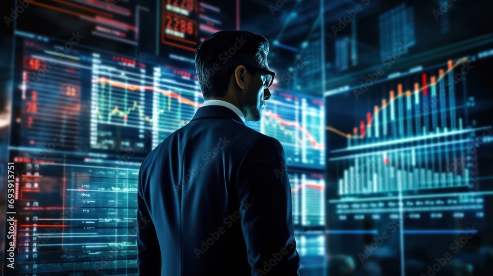 Businessman and Screen holographic interface graph stock market data, Analyzing Market, Trader and investment Businessman and Screen holographic interface graph stock market data, Analyzing Market, Trader and investment