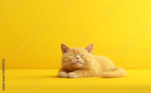 Creative animal concept, macro shot of yellow cute relaxed cat over yellow bright background.