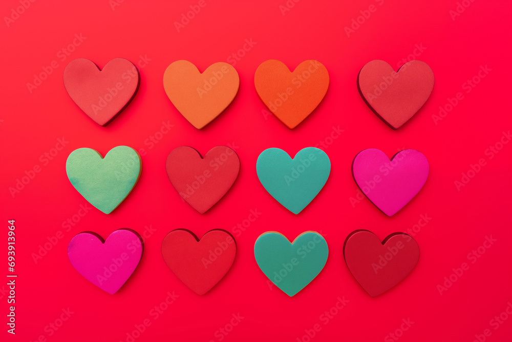 Intense vivid red wall with small heart shaped symbols of love, minimal valentine's day backdrop  