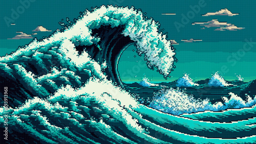 8 bit pixel sea wave, AI generated landscape